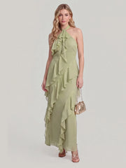 Halterneck Flowy Tiered Ruffle Maxi Dress