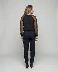 Women's Top | Elegant Mesh Sleeve Blouse with Rhinestone Trim