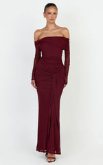 Waverly Maxi Dress - Long Sleeve Off Shoulder Dress in Wine