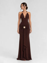 Gold-Tone Clasp Halter Hardware Maxi Dress