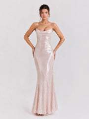 Sequin Mermaid Maxi Dress with Feather Cape
