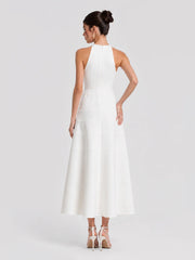 White Pearl Embellished Halter A-Line Midi Dress