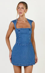 Heather Mini Dress - Square Neck A Line Denim Mini Dress in Mid Blue Wash