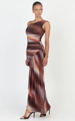 Lucienne Maxi Dress - Asymmetric Neckline Gathered Draped Sash Dress in Aurora Print
