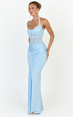 Melville Maxi Dress - Lace Bodice Draped Front Halter Dress in Blue