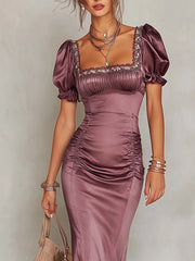 Vintage Square Lace Neck Ruched Fishtail Midi Dress