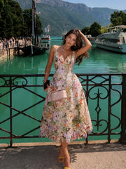 Watercolor Spaghetti Strap Eyelet Floral Midi Dress