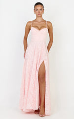 Rachel Maxi Dress - Sweetheart Neckline Jacquard Front Split Dress in Pink
