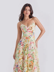 Watercolor Spaghetti Strap Eyelet Floral Midi Dress