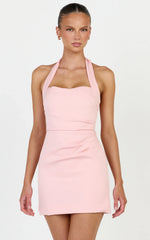 Sandy Mini Dress - Sweetheart Neckline Halter Dress With Tuck Detail in Pink