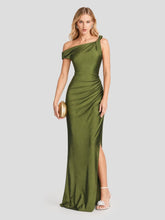 One Shoulder Asymmetric Ruched Satin Maxi Dress