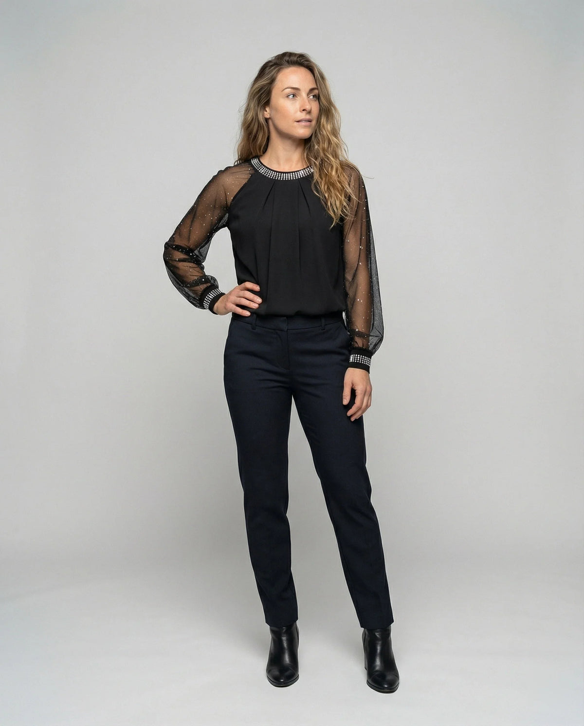 Women's Top | Elegant Mesh Sleeve Blouse with Rhinestone Trim