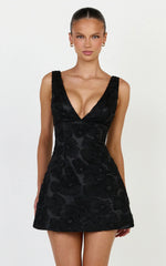 Lima Mini Dress - Plunge Neck Floral Embellished A Line Dress in Black