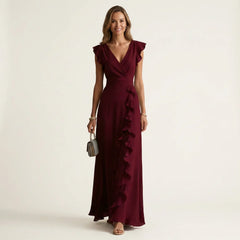 Women's Ruffle Wrap Maxi Dress | Elegant Silky V-Neck Layered-Sleeve Gown