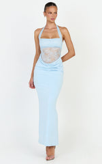 Sienne Maxi Dress - Lace Bodice Draped Cowl Waist Dress in Light Blue