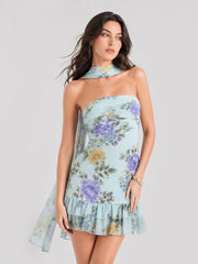 Floral Strapless Scarf Detail Mini Dress