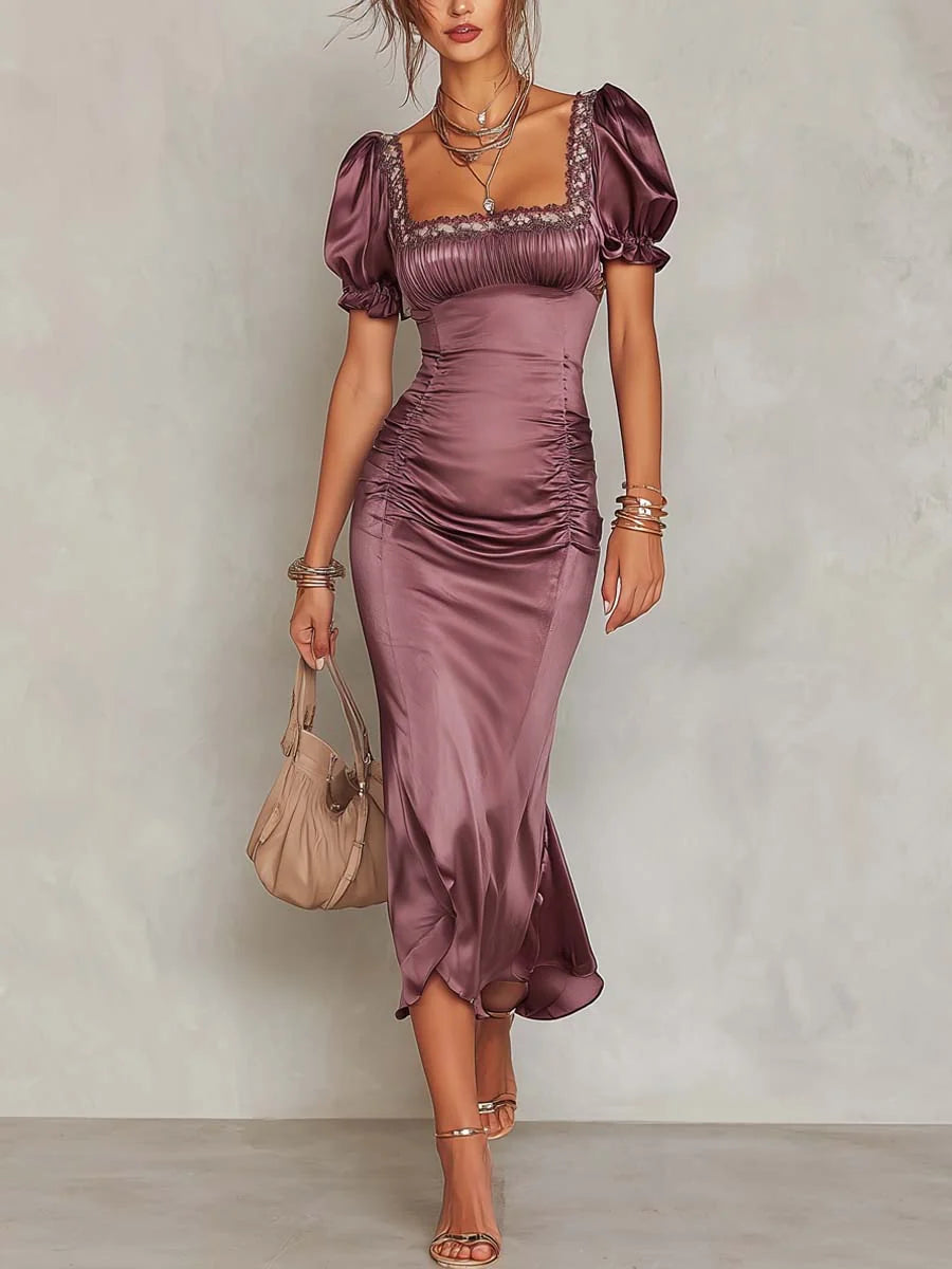 Vintage Square Lace Neck  Ruched Fishtail Midi Dress
