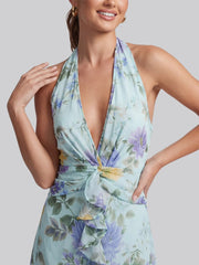 Romantic Backless Floral Printed Halter Mini Dress