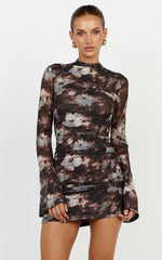 Mila Mini Dress - High Neck Bell Cuff Long Sleeve Fitted Dress in Brown