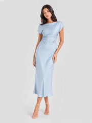 Cowl Back Satin Ruched Midi Dress