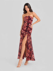Strapless Dark Floral High Slit Maxi Dress