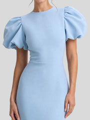 Puff Sleeve Scuba Crepe Midi Dress