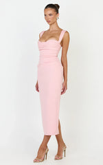 Kenna Midi Dress - Gathered Bust Tucked Waist Dress in Pink