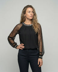 Women's Top | Elegant Mesh Sleeve Blouse with Rhinestone Trim