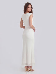 Asymmetric Sleeve Bodycon Gown with Knot-Shoulder Detail