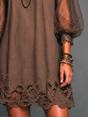 Women's Sheer Crochet-Hem Mini Dress | Boho Long-Sleeve Flowing Mini Dress