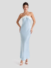 Satin Lace Trim Halter Maxi Dress