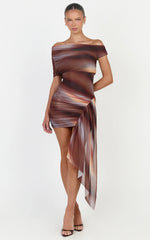 Lucienne Mini Dress - Asymmetric Off Shoulder Gathered Draped Sash Dress in Aurora Print