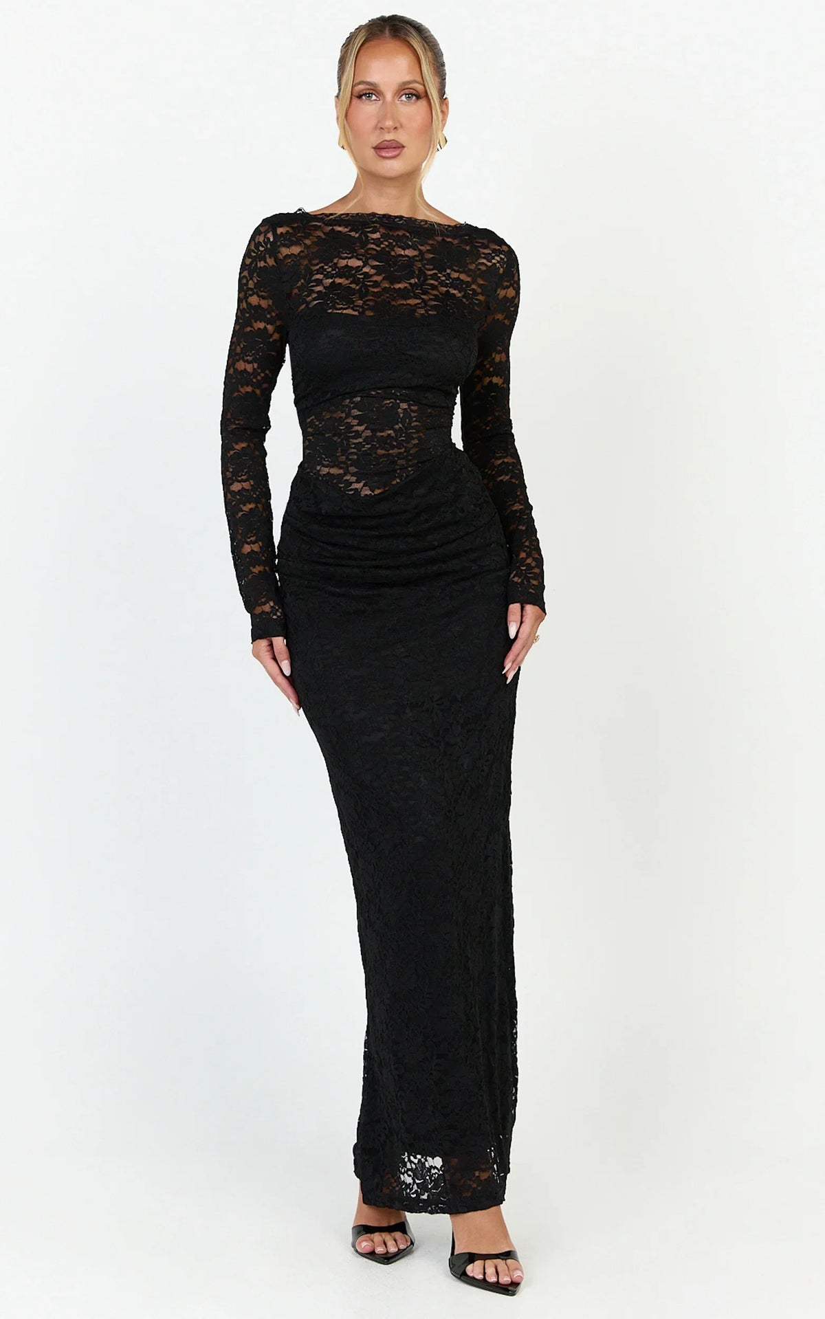 Skye Maxi Dress - Lace Long Sleeve Draped Waist Dress in Black