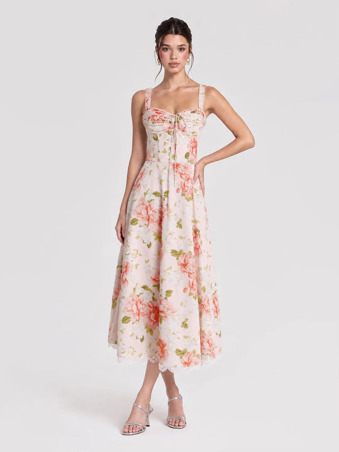 Floral Corset Lace Trim Midi Dress