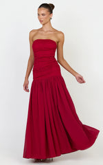 Kyra Maxi Dress - Strapless Lace Bodice Contrast Skirt Dress in Wine