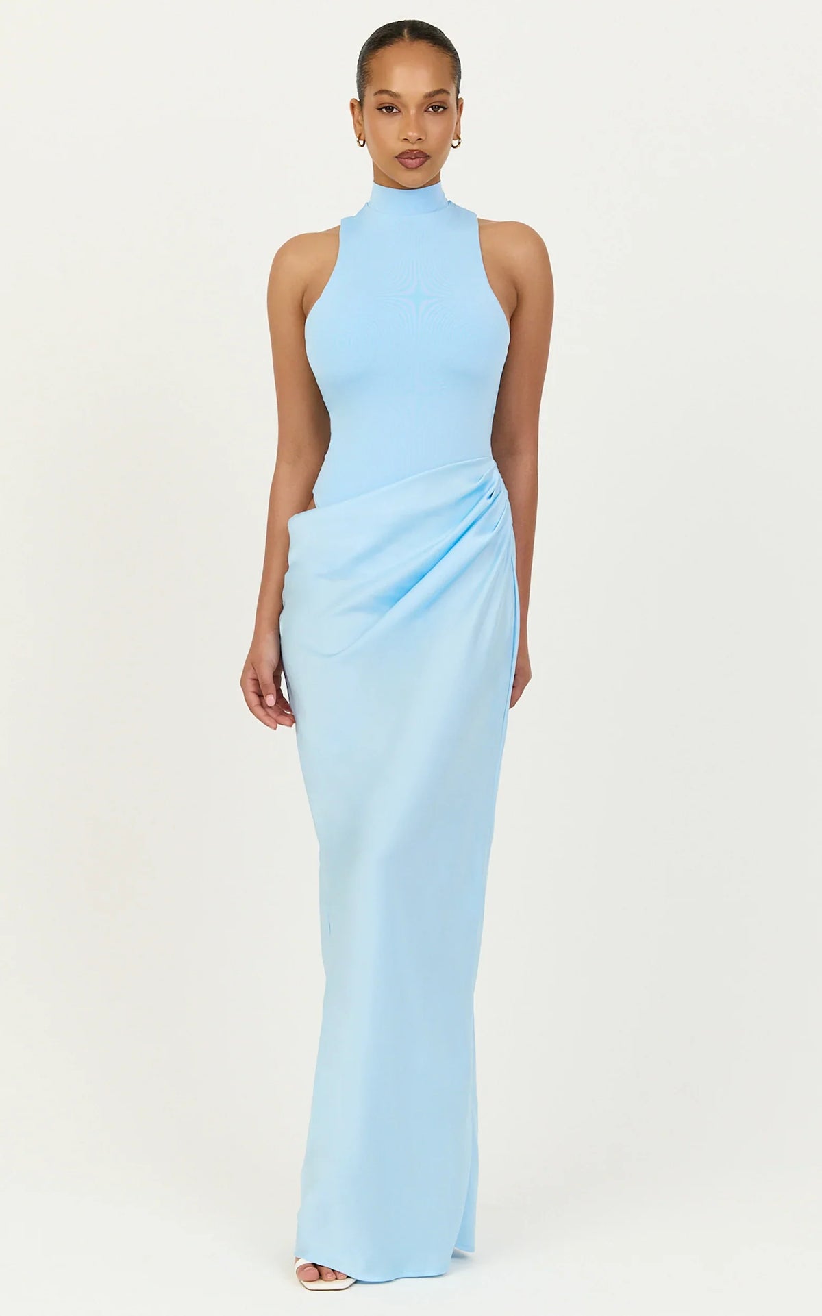 Elodie Maxi Dress - High Neck Draped Overlay Dress in Light Blue
