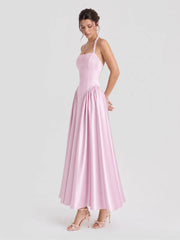 Pearl Straps Satin Halter Maxi Dress