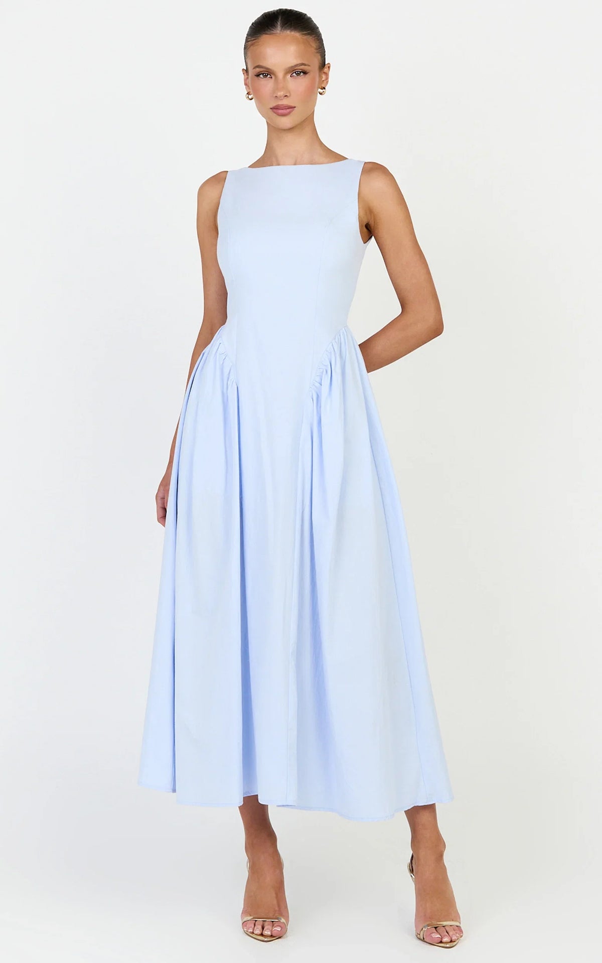 Casina Midi Dress - Boat Neck Tie Back Fit And Flare Dress in Blue