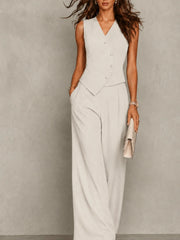 Women's Tailored Two-Piece Suit Set | Sleeveless Blazer & Wide-Leg Trousers