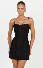 Gigi Mini Linen Blend Dress - Sweetheart Tie Back Scallop Detail Dress in Black