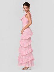 Tiered Ruffle Hem Jacquard Maxi Dress