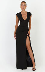 Lilo Maxi Dress - V Neck Cap Sleeve Dress in Black