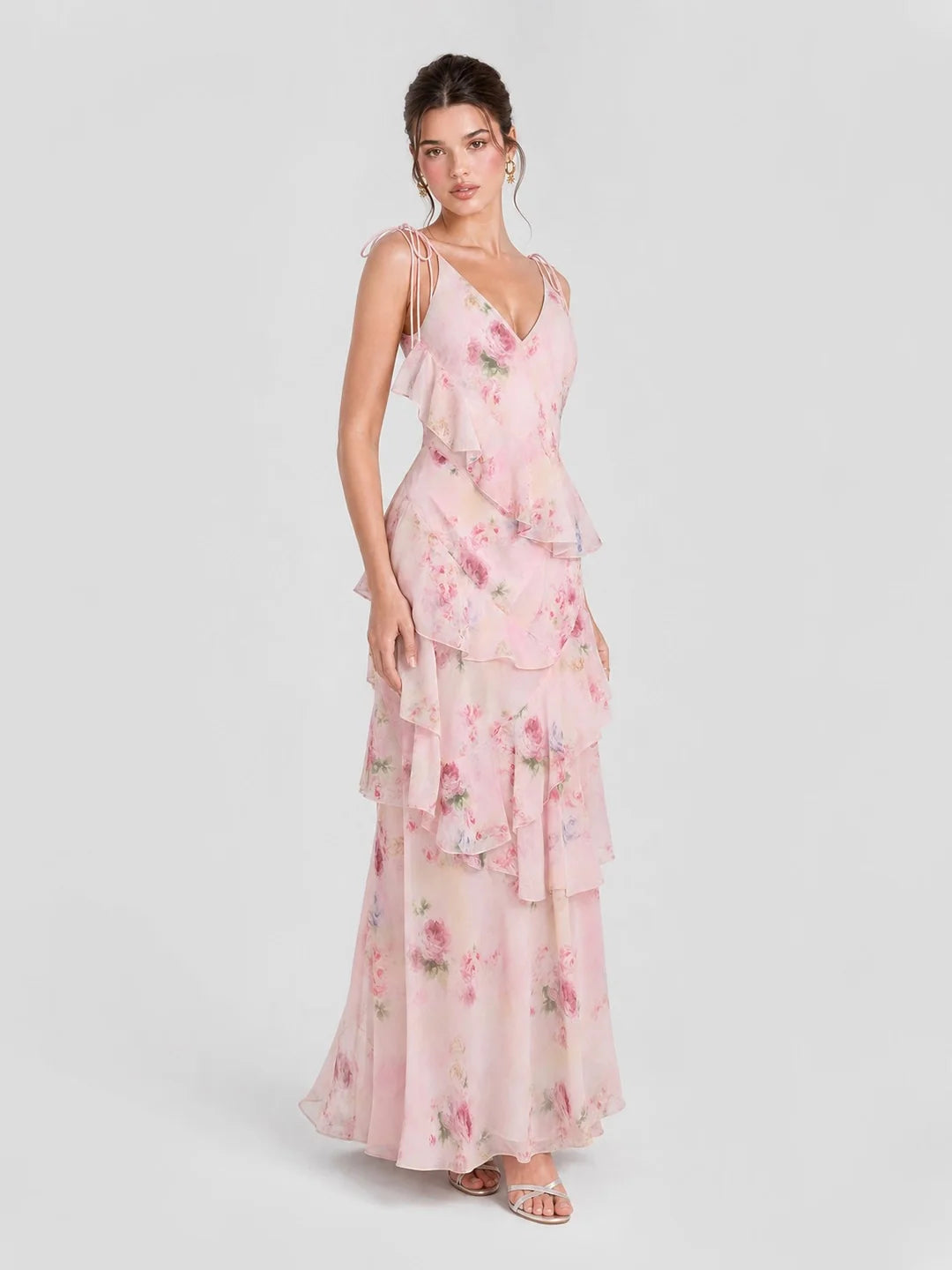 Boho Watercolor Floral Tiered Ruffle Maxi Dress