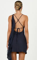 Alani Mini Dress - Open Cowl Back Flounce Detail Dress in Navy