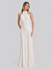 Open Back Pleated Halter Maxi Gown