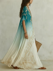 Women's Ombre Kaftan Maxi Dress | Flowing Boho V-Neck Maxi Dress