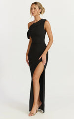 Helen Maxi Dress - One Shoulder Draped Fitted Dress in Black