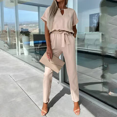 Women's V-Neck Top And Straight Pant Set | Relaxed Polished Two-Piece Set