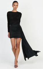 Jasmine Mini Dress - Long Sleeve Draped Skirt Overlay Dress in Black