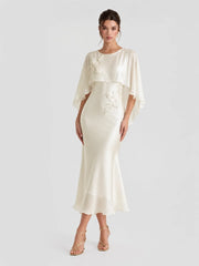 Beaded 3D Flower Embroidery Satin Midi Dress